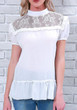 White Patchwork Ruffle Lace Band Collar Round Neck Short Sleeve Blouse