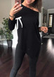 Black Irregular Pockets Bow Off Shoulder Long Sleeve T-Shirt