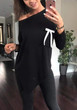 Black Irregular Pockets Bow Off Shoulder Long Sleeve T-Shirt