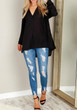 Black Plain Irregular V-neck Long Sleeve Fashion Blouse
