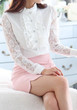 White Patchwork Lace Ruffle Buttons Band Collar Long Sleeve Office Worker Blouse