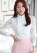 White Patchwork Lace Ruffle Buttons Band Collar Long Sleeve Office Worker Blouse