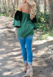Green Patchwork Lace Pleated Plus Size Off Shoulder Flare Sleeve Cute Blouse