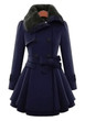 Navy Blue Plain Fur Buttons Belt Turndown Collar Fashion Double Breasted Peplum Wool Coat
