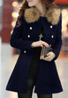 Navy Blue Plain Faux Fur Collar Peplum Skirted Double Breasted Wool Coat