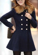 Navy Blue Plain Faux Fur Collar Peplum Skirted Double Breasted Wool Coat