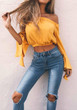Yellow Irregular Boat Neck Flutter Sleeve Off-Shoulder Blouse
