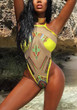 Yellow Patchwork Grenadine Tribal Floral Print Tie Back Cut Out Bikini One Piece Beach Party Swimwear