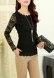 Black Patchwork Wavy Edge Lace Round Neck Long Sleeve Fashion Blouse