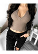 Dark Khaki Plain Crop V-neck Long Sleeve Fashion T-Shirt