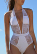White Patchwork Lace Backless Halter Neck One Piece Bikini Swimwear