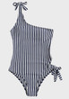 White Black Striped Irregular Asymmetric Shoulder Bow Swimwear