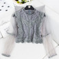 Grey Patchwork Lace Grenadine Round Neck Long Sleeve Fashion Blouse
