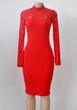 Red Patchwork Hollow-out Lace High Neck Long Sleeve Bodycon Party Midi Dress