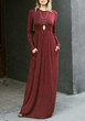 Red Draped Pockets Round Neck Long Sleeve Casual Maxi Dress