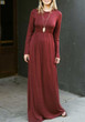 Red Draped Pockets Round Neck Long Sleeve Casual Maxi Dress