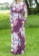 Purple Floral Draped Pockets Round Neck Long Sleeve Maxi Dress