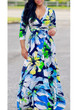 Light Blue Floral Print Sashes Plunging Neckline Long Sleeve Fashion Maxi Dress
