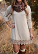 Casual Beige Patchwork Lace Draped Round Neck Long Sleeve Mini Dress