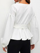 New White Ruffle Sashes Boat Neck Long Sleeve Fashion Blouse