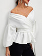 New White Ruffle Sashes Boat Neck Long Sleeve Fashion Blouse