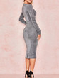 New Silver Zipper Round Neck Long Sleeve Fashion Midi Dress