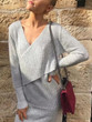 New Grey Irregular V-neck Long Sleeve Casual Midi Dress