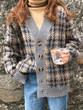 New Grey Plaid V-neck Long Sleeve Casual Cardigan Sweater