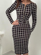 New Black Plaid Print Zipper Belt Bodycon Long Sleeve Round Neck Elegant Party Midi Dress