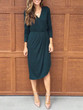 New Dark Green Irregular V-neck Long Sleeve Fashion Midi Dress