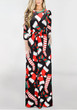 New Black Floral Draped Round Neck Long Sleeve Christmas Cute Maxi Dress