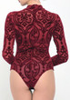 New Burgundy Floral Grenadine Zipper Round Neck Long Sleeve Short Jumpsuit Bodysuit