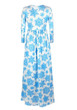 New White-Blue Floral Draped Round Neck Long Sleeve Christmas Maxi Dress