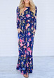 New Blue Floral Draped Pockets Round Neck Long Sleeve Casual Maxi Dress