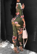 Green Floral Print Sashes Deep V-neck Long Sleeve High Waisted Long Jumpsuit