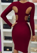 Burgundy Cut Out Bodycon Long Sleeve Clubwear Party Pencil Midi Dress