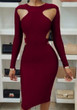 Burgundy Cut Out Bodycon Long Sleeve Clubwear Party Pencil Midi Dress