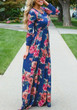 Blue Floral Draped Round Neck Long Sleeve Elegant Maxi Dress