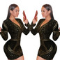 Black-Golden Geometric Sequin Long Sleeve Deep V-neck Bodycon Club Wear Party Mini Dress