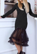 Black Grenadine Patchwork Draped Long Sleeve Round Neck Fashion Midi Dress