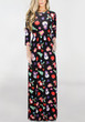 Black Floral Draped Round Neck Long Sleeve Christmas Cute Maxi Dress