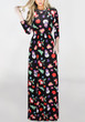 Black Floral Draped Round Neck Long Sleeve Christmas Cute Maxi Dress