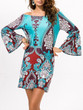 Sexy Floral Bohemia Off Shoulder Long Trumpet Sleeve Bodycon Mini Dress