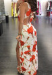 White Floral Tie Back Zipper Backless Side Slit Cut Out Flowy Maxi Dress