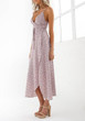 Pink Floral Irregular Backless Lace Up Thigh High Side Slits Flowy Maxi Dress