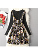 Black Floral Print Zipper Round Neck Sweet Midi Dress