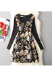 Black Floral Print Zipper Round Neck Sweet Midi Dress