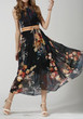 Black Floral Irregular Drawstring Round Neck Fashion Maxi Dress