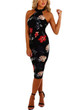 Black Floral Print Round Neck Fashion Midi Dress