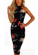 Black Floral Print Round Neck Fashion Midi Dress